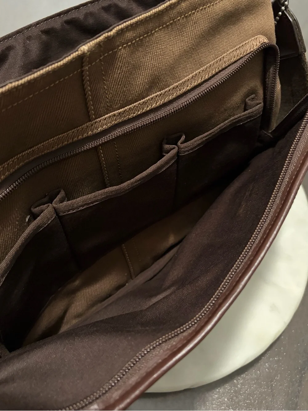 COACH Essex Canvas Crossbody Messenger Bag F70677 w/ Leather Trim Khaki Brown